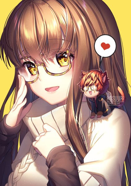 Anime picture 750x1064 with mystic messenger 707 (mystic messenger) protagonist (mystic messenger) rosuuri long hair tall image looking at viewer blush fringe open mouth simple background brown hair signed yellow eyes red hair yellow background kemonomimi mode + + adjusting glasses miniboy
