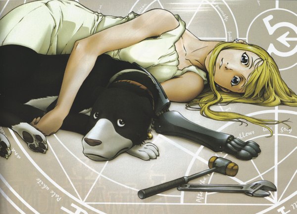 Anime picture 1325x958 with fullmetal alchemist studio bones newtype winry rockbell den (fullmetal alchemist) single long hair looking at viewer blue eyes blonde hair lying parted lips scan on back sleeveless piercing magic ear piercing scan artifacts bleed through