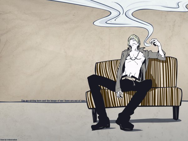 Anime picture 1600x1200 with one piece toei animation sanji single fringe short hair simple background sitting holding hair over one eye open shirt text monochrome looking up smoke english boy shirt glasses pants