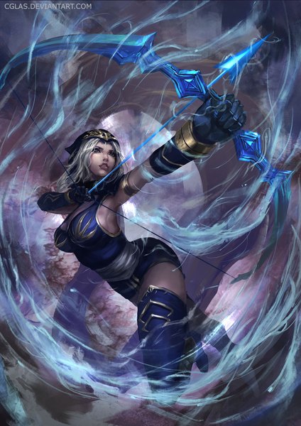 Anime picture 1500x2121 with league of legends ashe (league of legends) cglas single long hair tall image breasts blue eyes large breasts white hair armpit (armpits) watermark girl thighhighs gloves weapon hood armlet bow (weapon) arrow (arrows)