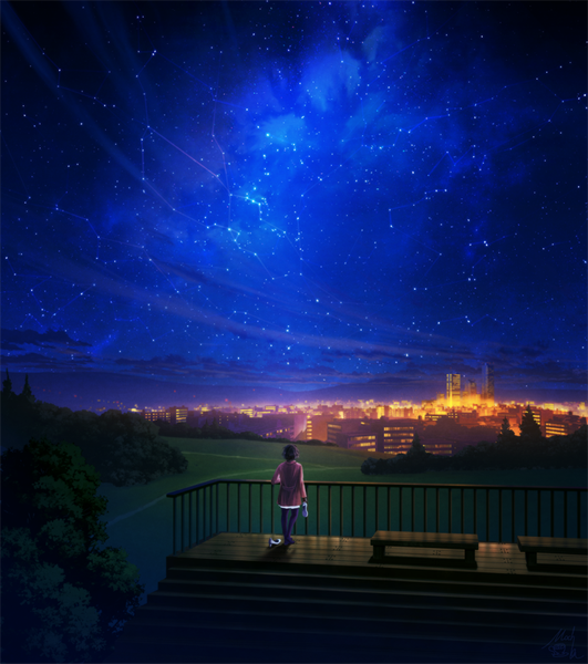 Anime picture 709x800 with original mocha (cotton) single tall image short hair black hair standing holding looking away sky night night sky city landscape scenic city lights shoes removed constellation girl shoes