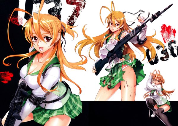 Anime picture 7419x5235 with highschool of the dead madhouse miyamoto rei satou shouji long hair highres open mouth light erotic red eyes absurdres ahoge scan orange hair torn clothes multiple persona girl thighhighs weapon black thighhighs gun