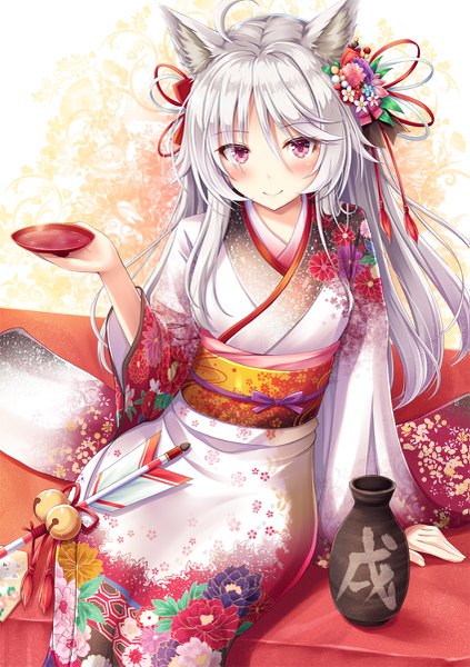 Anime picture 847x1200 with original akashio (loli ace) single long hair tall image looking at viewer blush fringe smile hair between eyes sitting holding animal ears payot silver hair ahoge long sleeves traditional clothes japanese clothes pink eyes