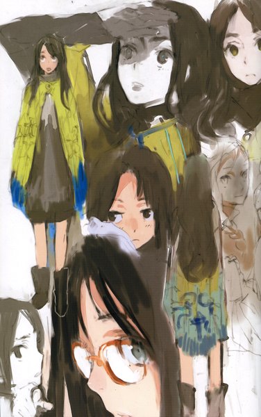 Anime picture 4260x6793 with original humi (artist) long hair tall image highres open mouth black hair absurdres black eyes scan grey eyes multiple persona girl glasses cloak