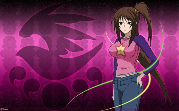Anime picture 2560x1600 with sekirei uzume single long hair highres breasts brown hair wide image large breasts brown eyes payot one side up purple background star print girl star (symbol) jeans sign