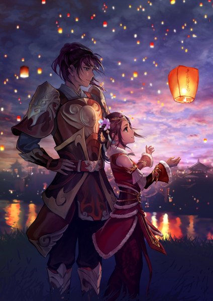 Anime picture 1280x1811 with ching nu yu hun as109 long hair tall image fringe blue eyes smile brown hair standing sky purple hair cloud (clouds) ponytail braid (braids) traditional clothes japanese clothes profile light smile wind wide sleeves