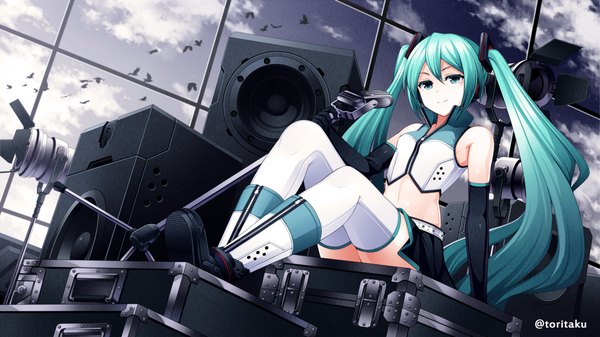 Anime picture 1200x675 with vocaloid hatsune miku torigoe takumi single looking at viewer wide image very long hair aqua eyes aqua hair girl thighhighs skirt gloves hair ornament miniskirt white thighhighs black gloves elbow gloves microphone stand speakers