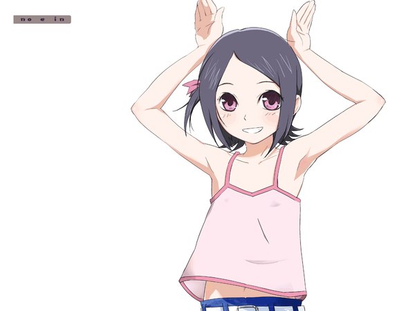 Anime picture 1200x900 with noein satelight kaminogi haruka single looking at viewer short hair open mouth smile white background :d pink eyes grey hair armpit (armpits) copyright name one side up bunny pose girl camisole