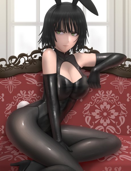 Anime picture 1000x1300 with one-punch man madhouse fubuki (one-punch man) siraha single tall image short hair light erotic black hair green eyes animal ears looking away bunny ears bunny girl cleavage cutout girl gloves pantyhose black gloves elbow gloves