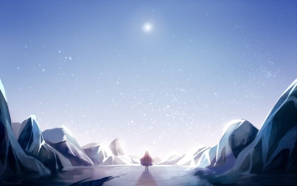 Anime picture 1431x900 with original filiananna single long hair from behind night shadow night sky back mountain rock morning girl dress moon star (stars) full moon ice