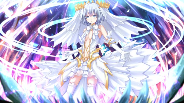 Anime picture 2884x1620 with date a live tobiichi origami kazenokaze single looking at viewer blush highres short hair blue eyes wide image white hair girl thighhighs dress gloves white thighhighs elbow gloves crystal