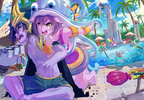 Anime picture 1800x1250 with league of legends jinx (league of legends) riven (league of legends) lulu (league of legends) veigar (league of legends) zac (league of legends) renekton (league of legends) gnar (league of legends) kurokitsune (float0108) long hair blush highres short hair smile multiple girls green eyes yellow eyes blue hair purple hair grey hair