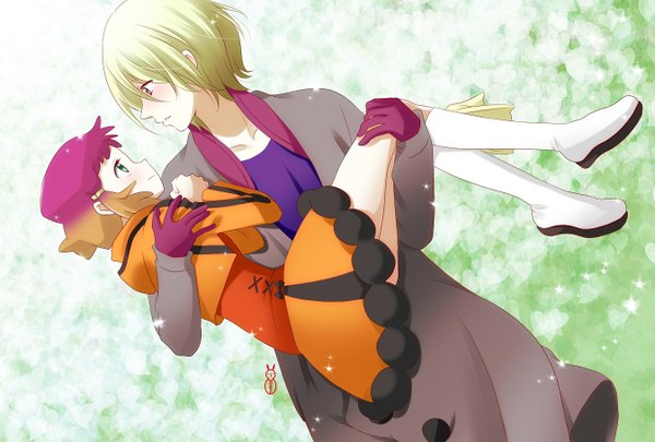 Anime picture 1346x909 with aquarion (series) aquarion evol satelight jin musou yunoha thrul blush short hair blonde hair green eyes purple hair multicolored hair light smile orange hair couple face to face girl boy coat