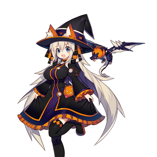 Anime picture 1024x1024 with uchi no hime-sama ga ichiban kawaii astaroth (uchi no hime-sama) mamuru single looking at viewer blush fringe open mouth blue eyes blonde hair hair between eyes standing animal ears very long hair fake animal ears standing on one leg halloween transparent background witch girl