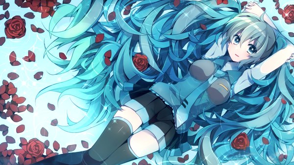 Anime picture 2500x1410 with vocaloid hatsune miku sakura yuki (clochette) single highres wide image very long hair aqua eyes aqua hair zettai ryouiki girl thighhighs skirt flower (flowers) black thighhighs petals necktie rose (roses)