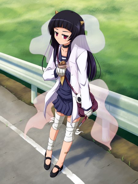 Anime picture 1200x1600 with kami nomi zo shiru sekai lune (kaminomi) shira-nyoro single long hair tall image blush black hair red eyes full body horn (horns) girl bandage (bandages) shawl