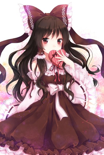Anime picture 603x900 with touhou hakurei reimu nunucco single long hair tall image looking at viewer blush red eyes brown hair white background valentine adapted costume girl bow hair bow detached sleeves frills gift