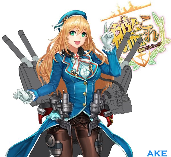 Anime picture 2102x1932 with kantai collection atago heavy cruiser ake (cherrylich) single long hair looking at viewer highres open mouth blue eyes blonde hair white background girl dress gloves weapon pantyhose beret