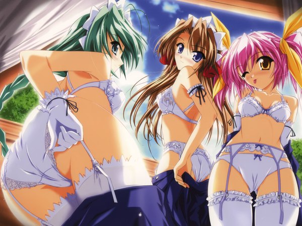 Anime picture 3290x2460 with maid-san she see girls museum (artbook) yukirin long hair highres light erotic brown hair multiple girls pink hair ass one eye closed green hair wink wallpaper underwear only :p girl thighhighs gloves underwear