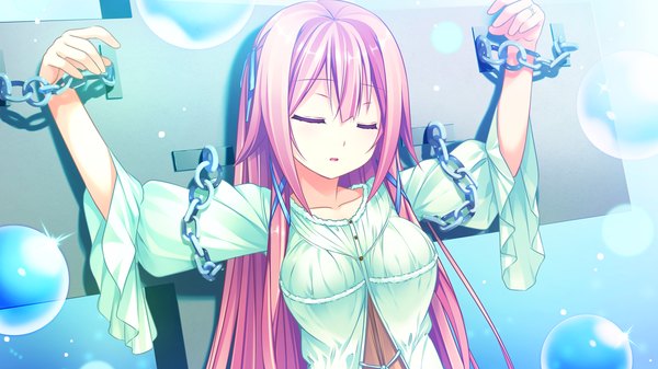Anime picture 1280x720 with harvest overray giga tamaki yuuka single long hair wide image pink hair game cg eyes closed girl dress chain bubble (bubbles)