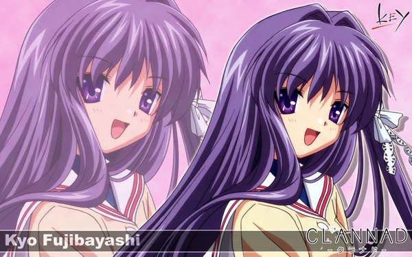 Anime picture 1920x1200 with clannad key (studio) fujibayashi kyou long hair looking at viewer highres open mouth wide image purple eyes purple hair inscription copyright name pink background zoom layer girl uniform hair ornament serafuku