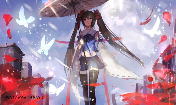 Anime picture 1600x960 with original pixiv fantasia pixiv fantasia t sishenfan single long hair looking at viewer black hair wide image purple eyes twintails traditional clothes japanese clothes zettai ryouiki walking logo girl thighhighs skirt navel
