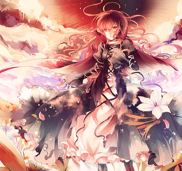 Anime picture 1000x940 with touhou hijiri byakuren kirero (pixiv) single long hair red eyes sky cloud (clouds) red hair girl dress flower (flowers) petals