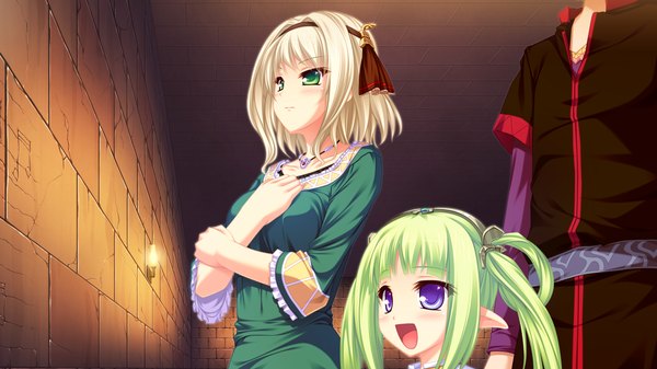 Anime picture 1920x1080 with ryuuyoku no melodia cynthia orlando tenmaso blush highres short hair open mouth wide image purple eyes multiple girls green eyes game cg white hair green hair pointy ears girl dress 2 girls hairband