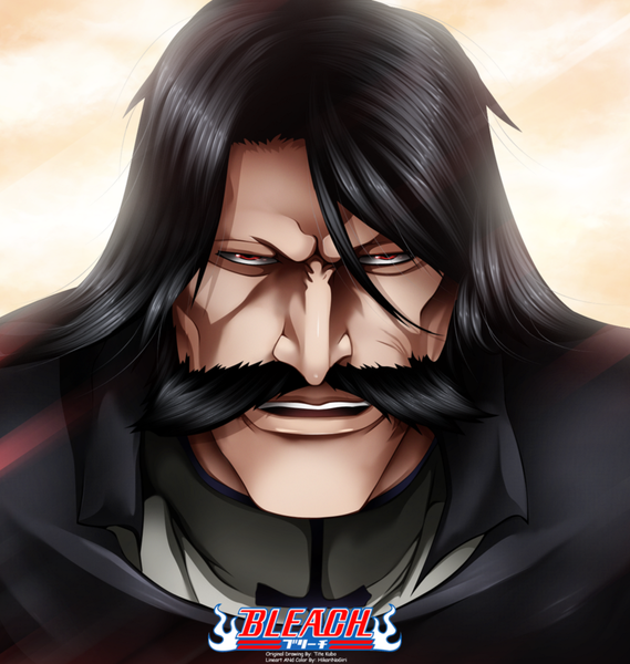 Anime picture 1025x1080 with bleach studio pierrot juha bach hikarinogiri single long hair tall image looking at viewer open mouth black hair simple background red eyes signed sunlight teeth coloring boy cloak mustache