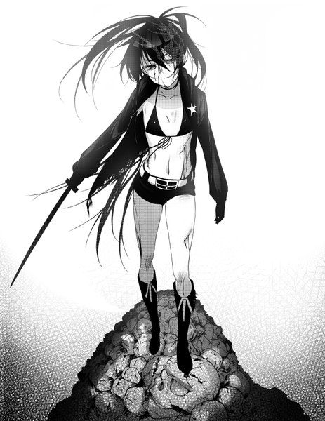 Anime picture 1390x1800 with black rock shooter black rock shooter (character) revolmxd single long hair tall image fringe black hair standing twintails holding monochrome pale skin girl navel weapon sword jacket shorts boots