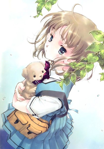 Anime picture 1202x1715 with original minakami kaori single tall image short hair blue eyes blonde hair simple background ahoge wind blue background girl uniform plant (plants) school uniform animal bag dog