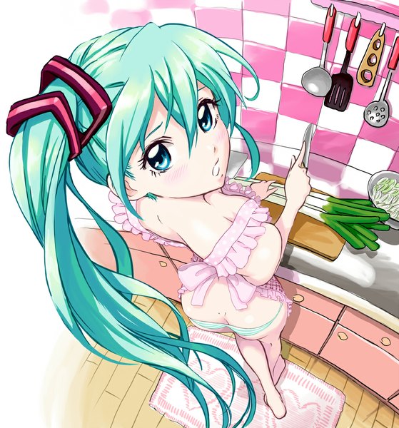 Anime picture 1016x1090 with vocaloid hatsune miku yamashita bungo single tall image looking at viewer blush blue eyes light erotic twintails ass very long hair barefoot from above aqua hair bare legs checkered nearly naked apron girl underwear