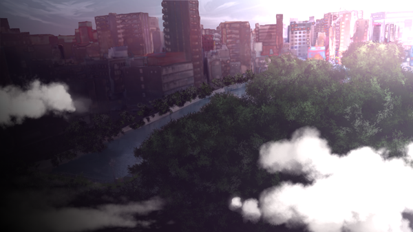 Anime picture 1920x1080 with original tsuruzen highres wide image cloud (clouds) city no people landscape river plant (plants) tree (trees) building (buildings)