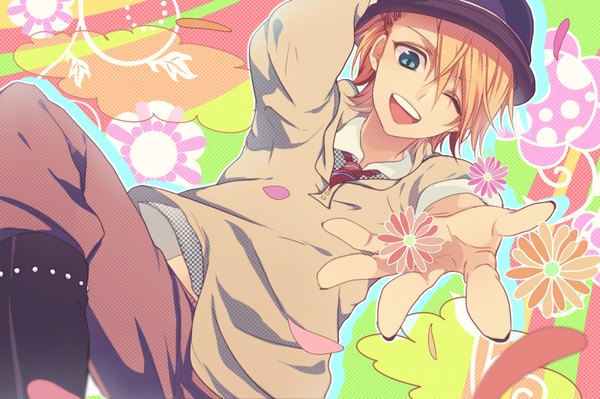 Anime picture 1600x1066 with uta no prince-sama a-1 pictures kurusu shou chi yu single looking at viewer short hair open mouth blue eyes blonde hair one eye closed wink dutch angle outstretched arm arm behind head boy uniform hair ornament school uniform hat