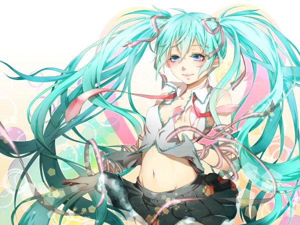 Anime picture 1200x900 with vocaloid hatsune miku ao+beni single long hair blush fringe smile twintails very long hair aqua eyes girl skirt navel hair ornament ribbon (ribbons) hair ribbon detached sleeves necktie chemise