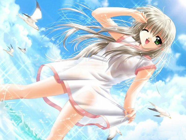 Anime picture 1024x768 with my fair angel (game) maive (my fair angel) single long hair looking at viewer fringe open mouth hair between eyes standing green eyes payot game cg sky silver hair cloud (clouds) one eye closed arm up wind sunlight short sleeves