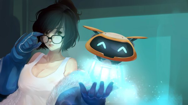 Anime picture 2560x1440 with overwatch blizzard entertainment mei (overwatch) snowball (overwatch) superpotato single fringe highres short hair breasts black hair wide image large breasts bare shoulders green eyes looking away cleavage ponytail parted lips lipstick