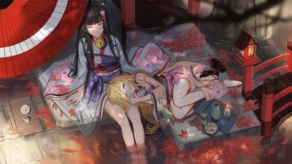 Anime picture 1920x1080 with original bn-227@pft long hair highres blue eyes black hair wide image multiple girls animal ears yellow eyes lying traditional clothes japanese clothes light smile girl hair ornament 2 girls kimono leaf (leaves) umbrella