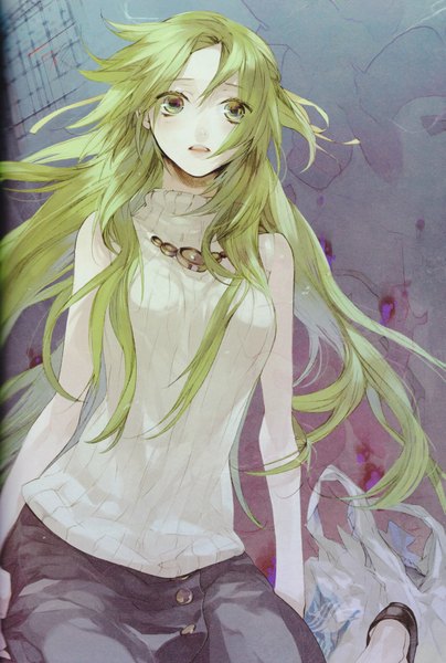 Anime picture 1175x1746 with kazuaki art works kazuaki single long hair tall image open mouth simple background green eyes green hair sleeveless girl skirt