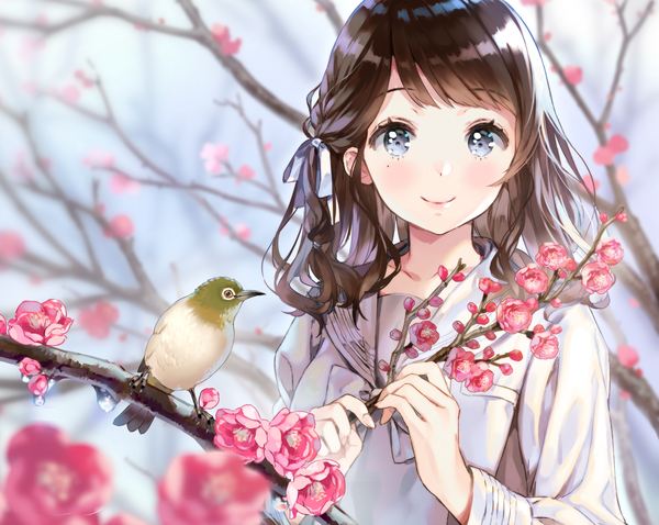 Anime picture 1920x1532 with original ancotaku single long hair looking at viewer blush fringe highres blue eyes smile brown hair holding upper body outdoors braid (braids) long sleeves blurry mole depth of field mole under eye