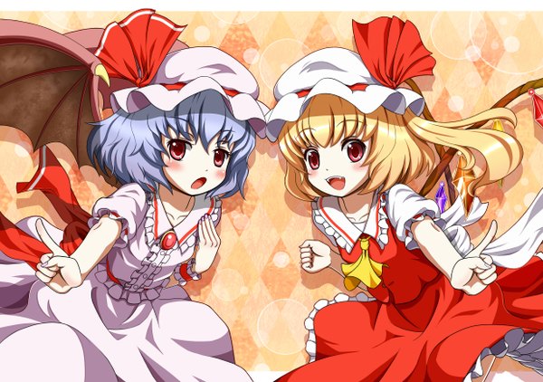 Anime picture 2480x1748 with touhou flandre scarlet remilia scarlet mount whip blush highres short hair open mouth blonde hair red eyes multiple girls blue hair loli one side up bat wings girl skirt 2 girls hat wings