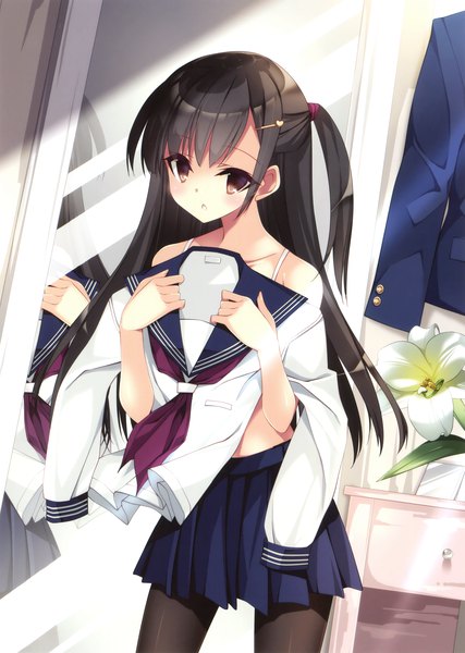 Anime picture 2489x3500 with original kobayashi chisato single long hair tall image looking at viewer highres light erotic black hair brown eyes scan official art girl skirt uniform flower (flowers) miniskirt pantyhose serafuku black pantyhose