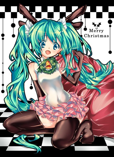 Anime picture 1024x1408 with vocaloid hatsune miku strawstraw1234 single long hair tall image open mouth blue eyes twintails very long hair aqua eyes green hair aqua hair christmas checkered floor merry christmas girl thighhighs gloves black thighhighs