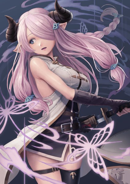 Anime picture 1240x1754 with granblue fantasy narmaya (granblue fantasy) t@kuyoa single long hair tall image fringe breasts blue eyes light erotic large breasts bare shoulders holding looking away pink hair braid (braids) parted lips horn (horns) pointy ears hair over one eye