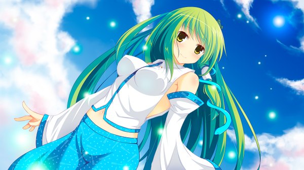 Anime picture 1280x720 with touhou kochiya sanae syuurin single long hair wide image yellow eyes cloud (clouds) green hair girl hair ornament detached sleeves hair tubes