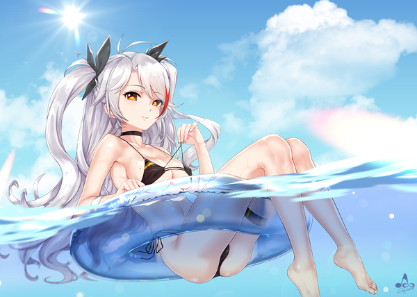 Anime picture 1600x1142 with azur lane prinz eugen (azur lane) prinz eugen (unfading smile) (azur lane) infinote single long hair looking at viewer fringe breasts light erotic smile signed yellow eyes sky cleavage silver hair cloud (clouds) ahoge barefoot sunlight