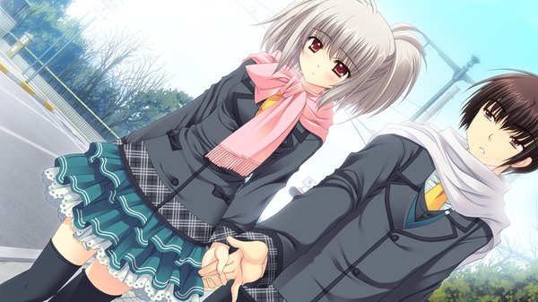 Anime picture 1280x720 with world wide love! (game) kona nako nishimata aoi short hair black hair red eyes wide image brown eyes game cg silver hair couple holding hands girl thighhighs boy skirt uniform black thighhighs school uniform miniskirt