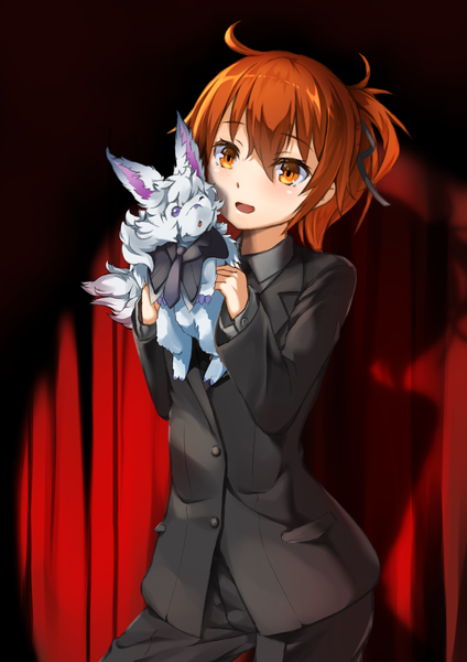 Anime picture 1850x2616 with fate (series) fate/grand order fujimaru ritsuka (female) fou (fate) hellnyaa tall image blush fringe highres short hair open mouth hair between eyes holding payot ahoge ponytail one eye closed orange hair shadow orange eyes