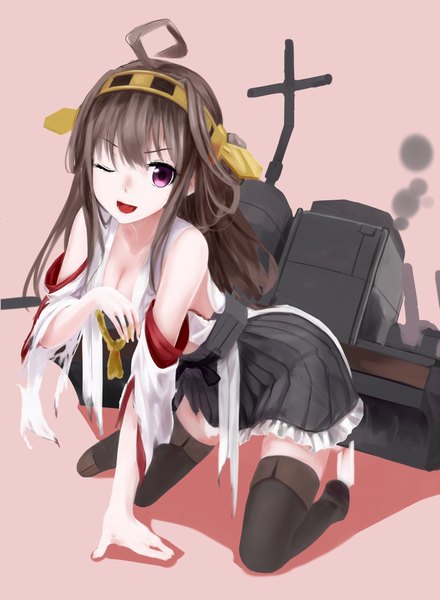 Anime picture 800x1091 with kantai collection kongou battleship kachayori single long hair tall image looking at viewer purple eyes ahoge traditional clothes japanese clothes one eye closed wink shadow kneeling smoke pink background nontraditional miko girl skirt