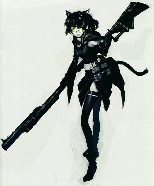 Anime picture 2820x3400 with black rock shooter demon canon user huke single tall image looking at viewer highres short hair open mouth black hair simple background standing green eyes animal ears tail cat ears cat girl cat tail zettai ryouiki kemonomimi mode